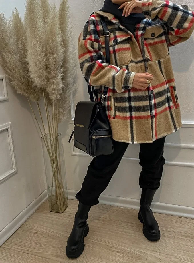 پالتو اسپرت چهارخونه زنانه کرم